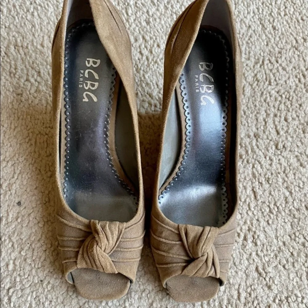 BCBG Taupe peep toe slip on wedge heels